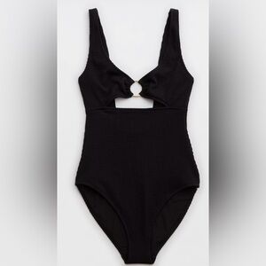 aerie Black Textured One-Piece Swimsuit with Gold Ring Accent